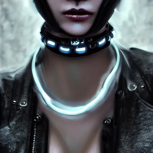 Image similar to detailed realistic female character cyberpunk wearing thick steel collar around neck, realistic, art, beautiful, 4K, collar, choker, collar around neck, punk, artstation, detailed, female, woman, choker, cyberpunk, neon, punk, collar, choker, collar around neck, thick collar, choker around neck, wearing choker, wearing collar,