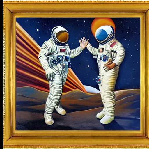 Prompt: set of painting, art noveau, astronauts, with a golden frame