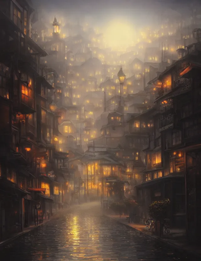 Prompt: town floating in the air on a misty morning. oil painting by award - winning mangaka. backlighting, chiaroscuro, intricate details, depth of field, luminescent colors.