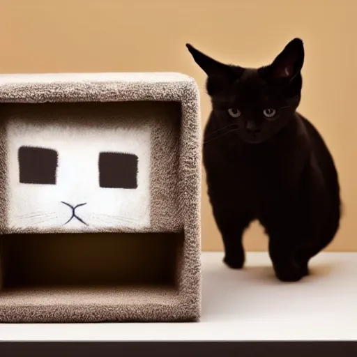 Image similar to a furry cube with a cat face, professional photograph, white background