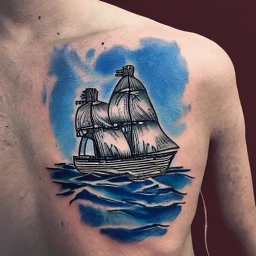 Image similar to a pirate ship sailing in the sea, realism tattoo design with amazing shades, clean white paper background, in the style of david vega