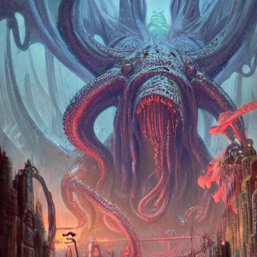 Image similar to human looking at big monstrosity portrait of Cthulhu, hyperdetailed, artstation, cgsociety, by Tyler Edlin and Jean Delville, by John Berkey and Filip Hodas