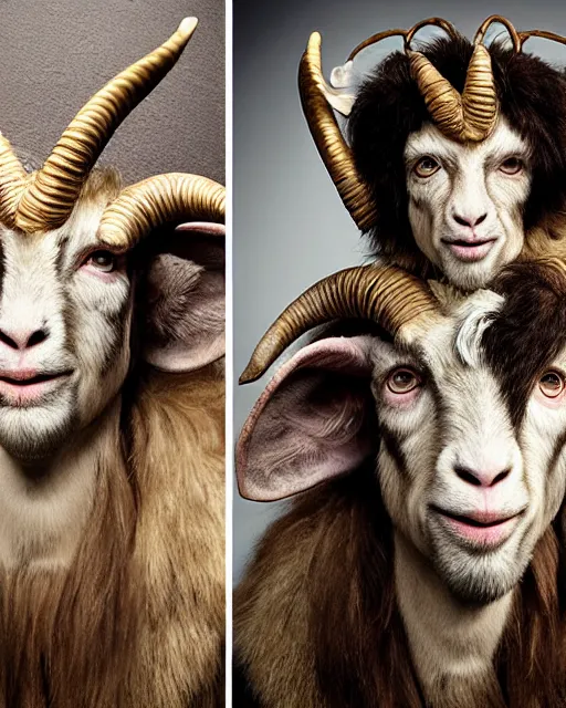 Prompt: actor Mick Jagger in Elaborate Pan Satyr Goat Man Makeup and prosthetics with large goat ears designed by Rick Baker, Hyperreal, Head Shots Photographed in the Style of Annie Leibovitz, Studio Lighting