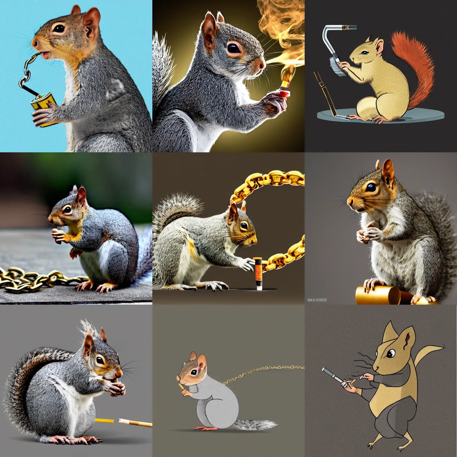Prompt: an nft of a grey squirrel re-imagined as a superhero, wearing gold chains and smoking a cigarette.