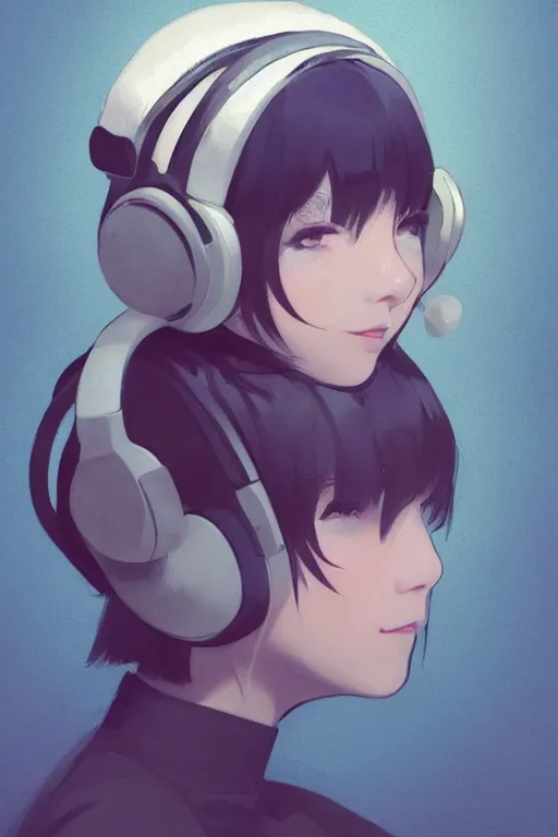 Prompt: a cute young woman listening to music with her eyes closed and wearing headphones in the style of Ilya Kuvshinov and Range Murata, white bob cut hair, freckles, blue filter, blue and white, vivid colors, soft lighting, cinematic, moody, nier automata, oil on canvas by Krenz Cushart, 8k