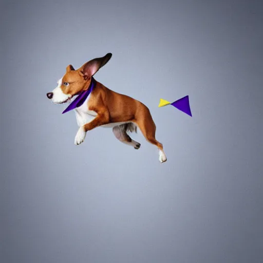 Prompt: A dog with floppy ears flying on a paper plane