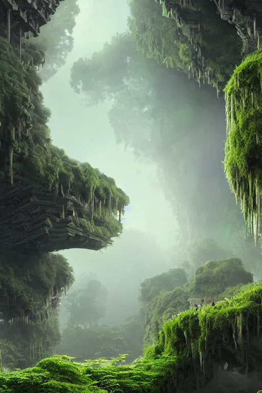 Image similar to ancient fractal temple megastructure in the hanging gardens of a radiant forest jungle, overgrown garden, scanned earth terrain fractal bridges, highly detailed erosion algorithm landscape, by albert bierdstat, by glenn small, high resolution, 8 k photorealism, god rays in volumes of fog, looking up perspective, unreal engine, octane render, realistic render