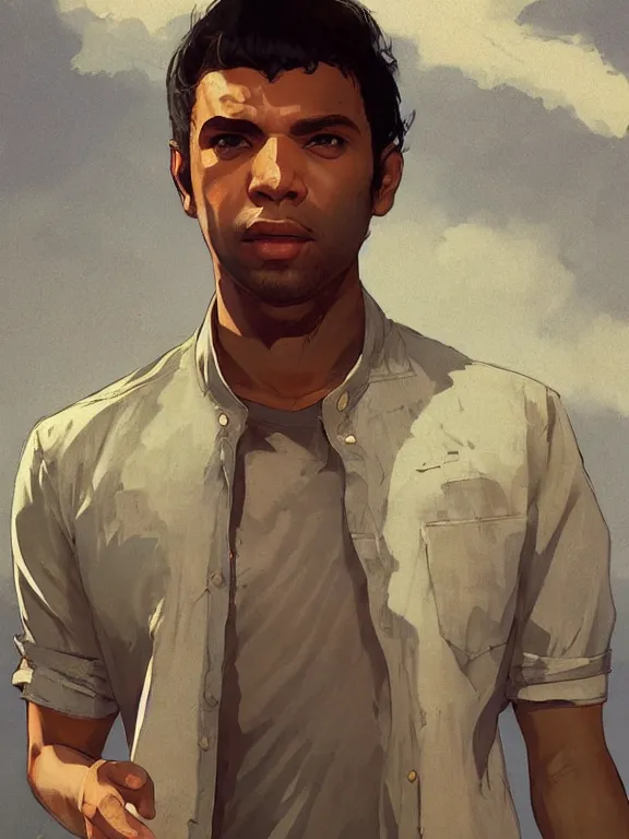 Prompt: portrait of a young man from grand theft auto 5 wearing a summer outfit, short brown hair, art by ryo shiotani and greg rutkowski, intricate, beautiful, cute, cinematic lighting, vintage art by serge ivanoff