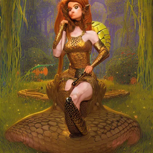 Image similar to a portrait of a female snake wearing ornate plastic armor at night in a dark forest. zootopia fursona furaffinity furry art detailed face painting by roger dean and gaston bussiere craig mullins jc leyendecker gustav klimt artgerm greg rutkowski furry