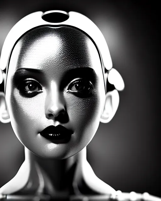 Image similar to black and white dreamy young beautiful female artificial intelligence, metropolis, cinematic, rim light, bokeh, photo - realistic, elegant, high detail, 8 k, masterpiece, photo taken in 1 9 3 0