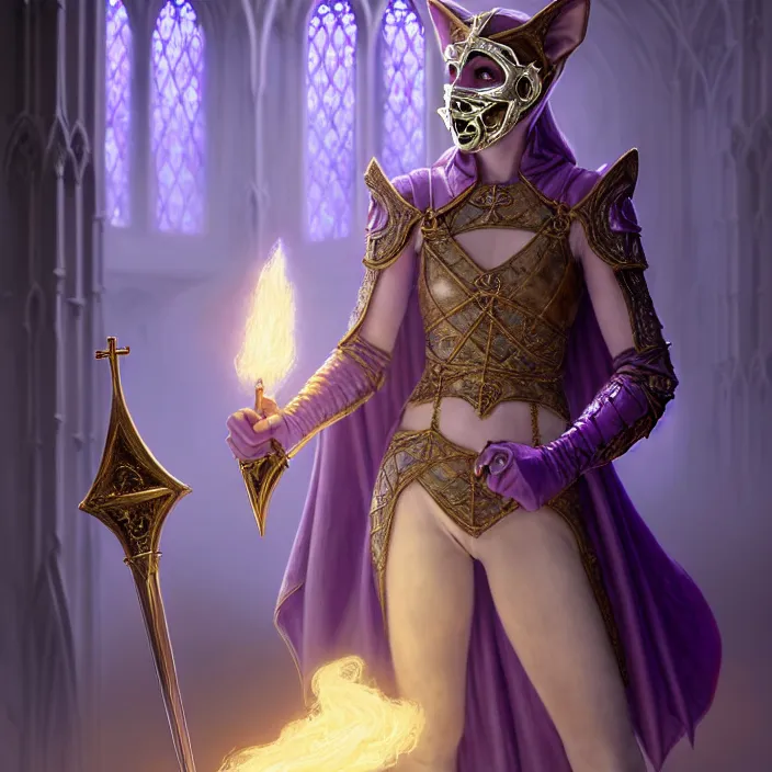 Prompt: masked d & d bard with her lilac leather armor in a cathedral, volumetric lighting, fantasy, intricate, elegant, highly detailed, lifelike, photorealistic, digital painting, artstation, fox ears illustration, concept art, sharp focus, by john collier and albert aublet and krenz cushart and artem demura and alphonse mucha