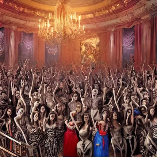 Prompt: photo, a giant crowd of realistic anatomically correct skeletons, dancing sensually with a multi-ethnic group of beautiful human women wearing intricate beatiful colorful rococo gowns, inside a hellish nightclub lit by candles and blue lasers