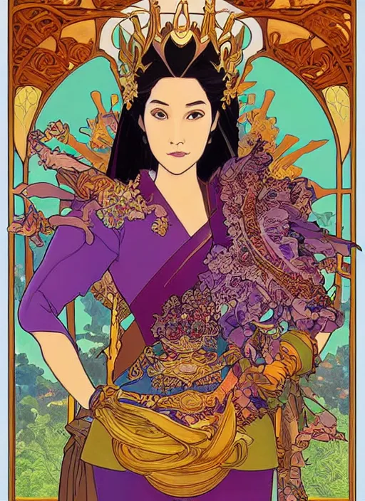 Image similar to well - lit art nouveau portrait of queen sirikrit of thailand, natural lighting, path traced, highly detailed, high quality, photorealistic, cartoon, digital painting, by don bluth and ross tran and studio ghibli and alphonse mucha