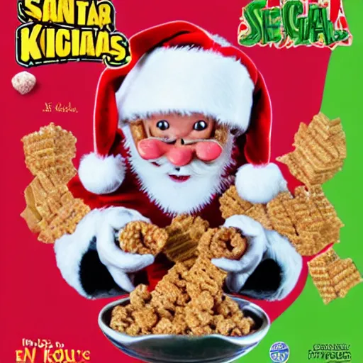 Prompt: grotesque cover illustration on a box of evil Santa kids' sugar cereal