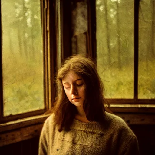 Image similar to portrait bust of young woman, tired expression, faded color film, russian cinema, tarkovsky, kodachrome, inside old cabin, next to window, heavy forest outside, long brown hair, old clothing, heavy fog, brown color palette, hudson river school, 4 k, dramatic lighting, greg rutkowski
