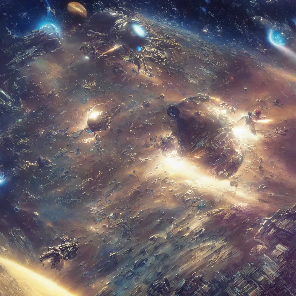 Prompt: the girl in the center looks at space, epic, volumetric light, hyperrealistic, glitter, mega detailed, beautiful composition, beautiful lighting, unreal render, 4 k, vincent di fate, john berkey, michael whelan