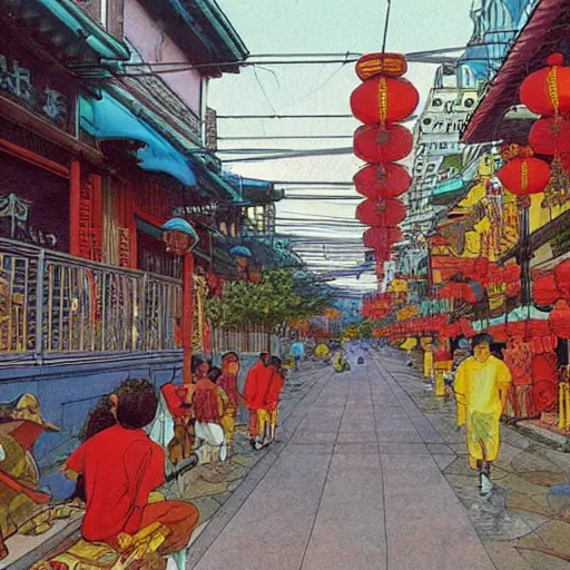 Image similar to a street in chinatown, singapore, by moebius