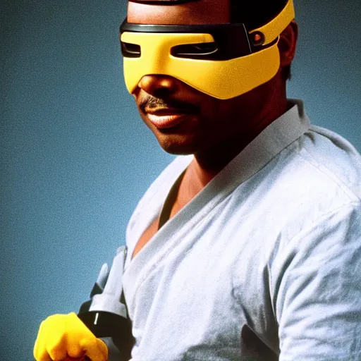 Image similar to Geordi LaForge wearing visor and a colander and random kitchen tools on his head