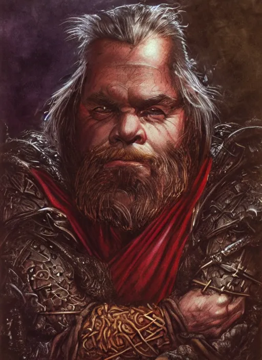 Prompt: portrait of dwarf sorcerer, beautiful! coherent! dungeons and dragons character, by brian froud, larry elmore, gerald brom, ralph horsley, wayne reynolds, strong line, deep color, chainmail, short red hair, high contrast