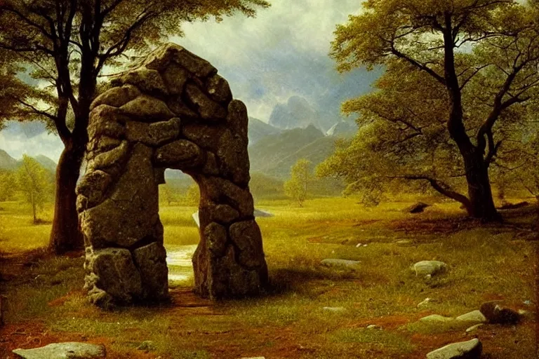 Image similar to runestone, runic inscription, megalithic, monument, nature, trees, focused, centered, very detailed, norse, histor, oil painting, Albert Bierstadt