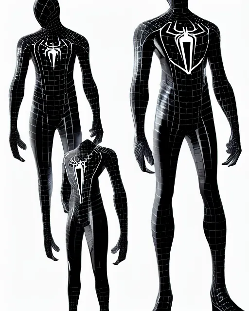 Image similar to black and white cyberpunk spiderman future foundation suit sleek greeble suit concept design