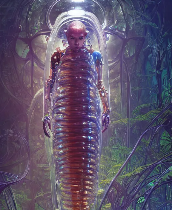 Image similar to opulent transparent clear see - through portrait of a terrifying beautiful male alien centipede computer cyborg, mottled coloring, adorable, childlike, overgrown biopunk jungle environment, ultra realistic, concept art, art nouveau, photorealistic, octane render, 8 k, unreal engine. art by christopher marley and artgerm and greg rutkowski and alphonse mucha