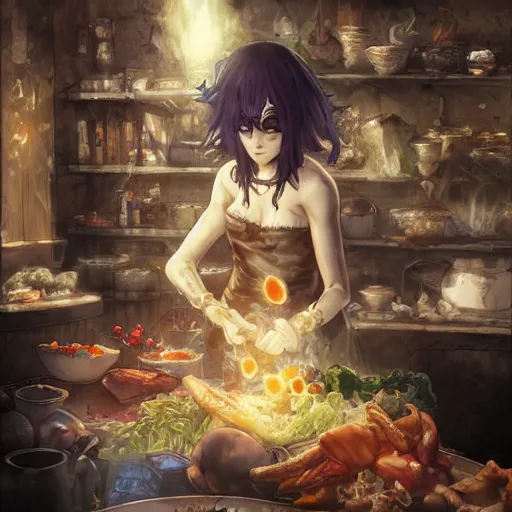 Image similar to goth woman making dinner, color page, tankoban, 4 k, tone mapping, akihiko yoshida, james jean andrei riabovitchev marc simonetti, yoshitaka amano, long hair, curly, h. hydrochaeri