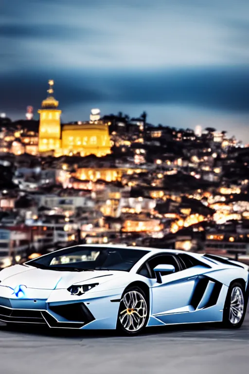 Image similar to Photo of a Lamborghini Aventador, Bondi Beach in the background, high resolution, award winning, highly detailed, night, volumetric lighting, 35mm lens.