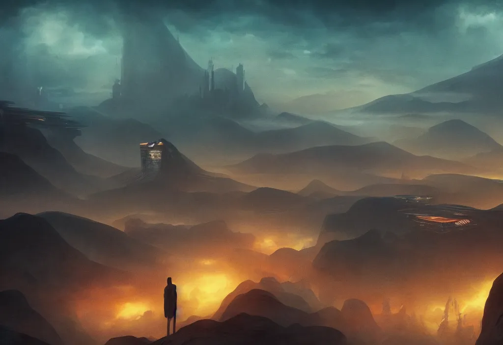 Prompt: a dramatic epic ethereal stunning beautiful and insanely detailed matte painting of a Blade Runner movie still, a small silhouette contemplates the landscape, atmospheric and vaporwave composition, digital art by Kilian Eng and Jean Giraud, winning-award masterpiece, fantastic, octane render, 8K HD Resolution, High quality image