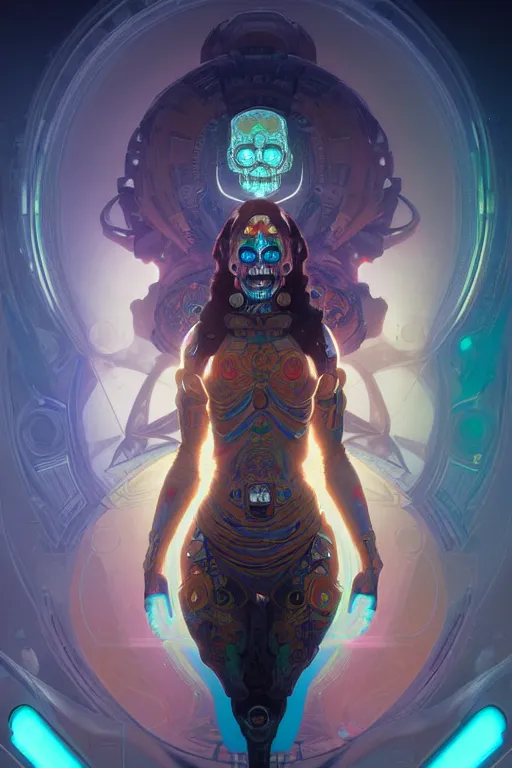 Image similar to ultra detailed female android deity, scifi octane _ render dia _ de _ los _ muertos asymmetrical intricate concept _ art triadic _ color, art by artgerm and greg rutkowski and alphonse mucha, 8 k