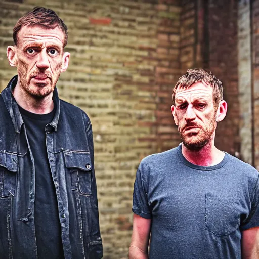 Prompt: sleaford mods shouting at their noisy neighbour, wide angle, gritty