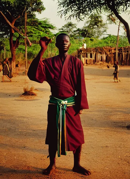 Prompt: analogue photo of an igbo man wearing Haori & Hakama, african village, 35mm, f/1.4, Golden Hour light, national geographic, photographed by Martha Cooper,
