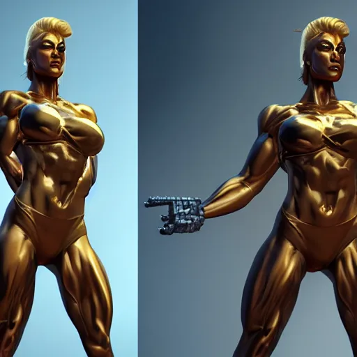 Image similar to portrait of muscle woman gold statue reflect chrome, 8 k uhd, unreal engine, octane render in the artstyle of finnian macmanus, john park and greg rutkowski