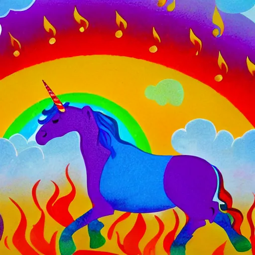 Prompt: A unicorn dancing on a flaming rainbow