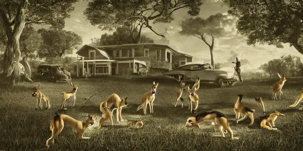 Image similar to hyperrealistic detailed sharp photograph in the style of popular science circa 1 9 5 5 and gregory crewdson of a 1 9 5 0 s dingo and pixie party on the lawn of a suburban cave mid summer