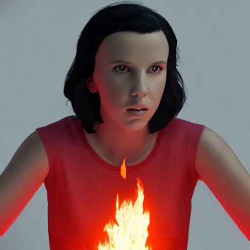 Prompt: Millie Bobby Brown made of fire, octane render