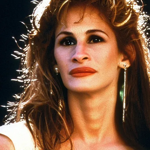 Image similar to Julia Roberts as Selena singing!! on a stage, 1995 movie, cinematic, beautiful, elegant, symmetrical!! face