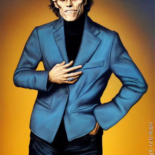 Prompt: black background, colored colorized portrait, colored colorized photograph, willem dafoe with short yet messy wavy hair, aviator sunglasses, and wearing a baby - blue turtleneck, and an expensive black blazer, realistic hyperrealistic 4 k resolution 8 k resolution highly detailed very detailed extremely detailed hd quality detailed face very detailed face extremely detailed face trending on artstation, modern portrait, modern photograph
