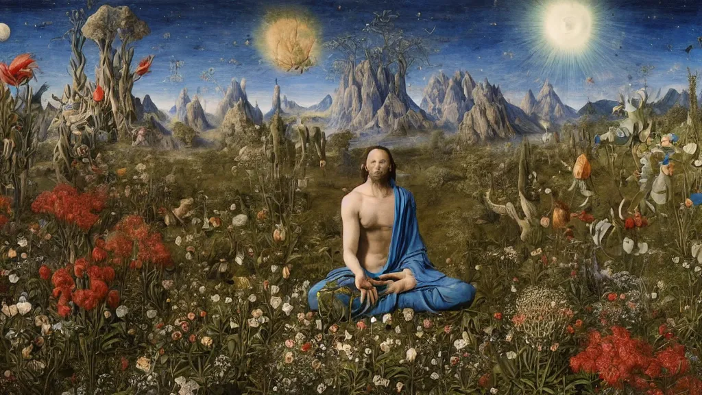 Image similar to a fish eye lense photograph of a meditating druid werewolf surrounded by towering bulbous flowers. wide landscape with mountains, river delta. clear blue sky with stars and birds. painted by jan van eyck, max ernst, ernst haeckel and ernst fuchs. trending on artstation, 8 k, award winning, fashion editorial, mythology, photorealistic, cacti everywhere
