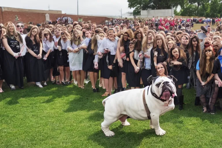 Image similar to a crowd of high school graduates petting an english bulldog wearing a crown