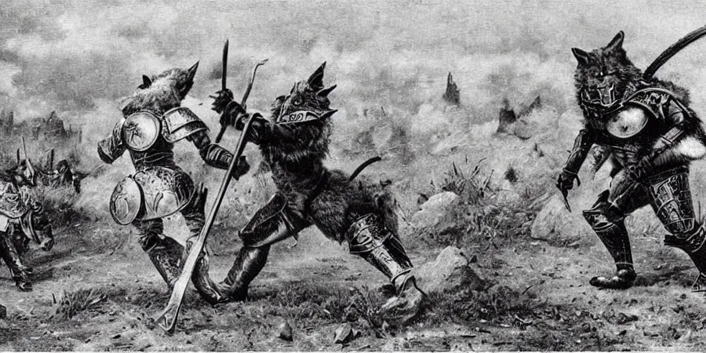 Image similar to anthropomorphic furry wolf in armor fighting in a battlefield, 1900s picture