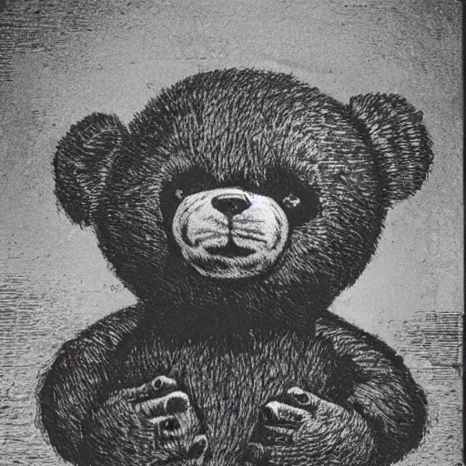 Image similar to found footage of floating teddy bear mask. space opera. b & w grainy. children illustration. art by gustav dore