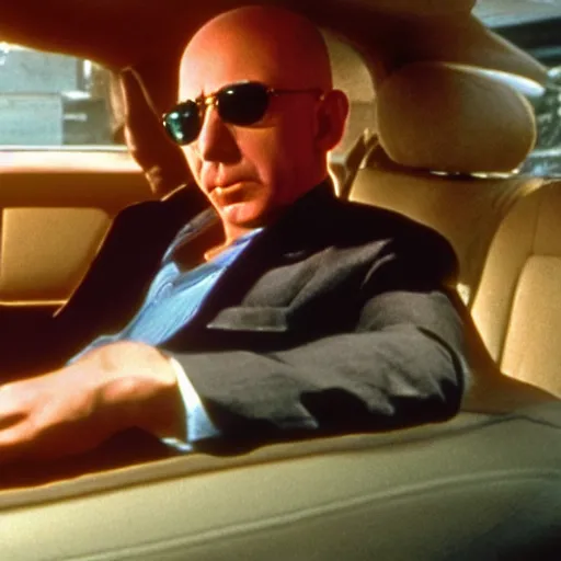 Image similar to jeff bezos as tim roth in reservoir dogs, bleeding in the back seat of the car holding his guts in, 3 5 mm film, high quality film, big screen, cinematic