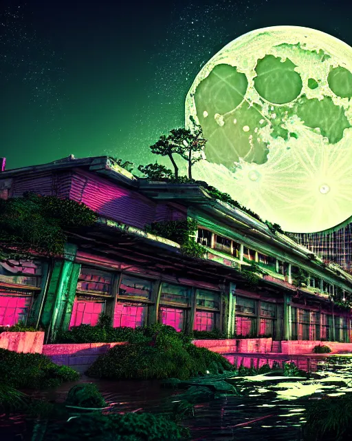 Image similar to reclaimed by nature by moon hoon, darkacademia atlantis cosmic san andreas at dawn neon signs tokyo synthwave universe, archdaily, wallpaper, highly detailed, trending on artstation.