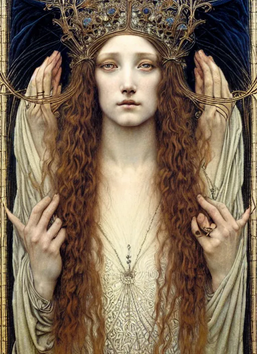 Image similar to detailed realistic beautiful young medieval queen face portrait by jean delville, gustave dore and marco mazzoni, art nouveau, symbolist, visionary, gothic, pre - raphaelite. horizontal symmetry