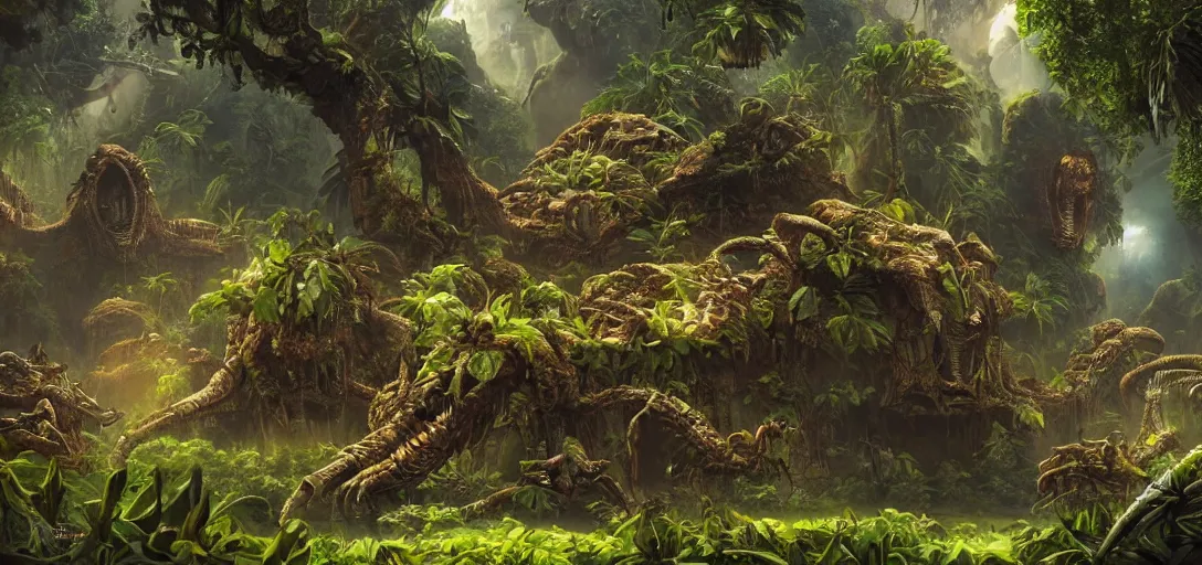 Image similar to alien hive in the exotic jungle, landscape, alex ross, neal adams, david finch, concept art, matte painting, highly detailed, rule of thirds, dynamic lighting, cinematic, detailed, denoised, centerd