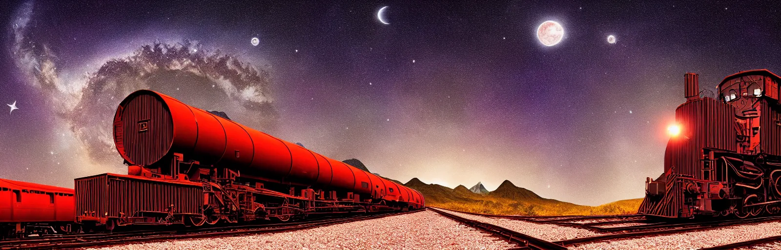 Prompt: Really long organic david cronenberg rocket train spiraling towering mountain starry moonlit night sky, amazing digital art 4k