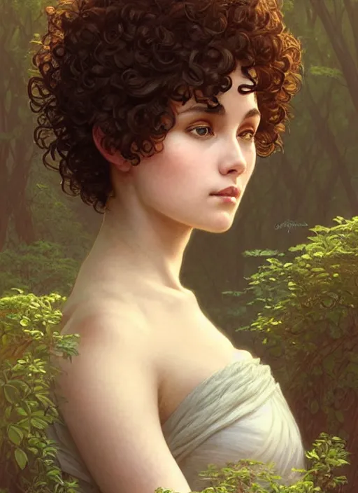 Image similar to a woman with short curly hair, round face, cottagecore!!, river, trees, intricate, elegant, highly detailed, digital painting, artstation, concept art, smooth, sharp focus, illustration, art by artgerm and greg rutkowski and alphonse mucha