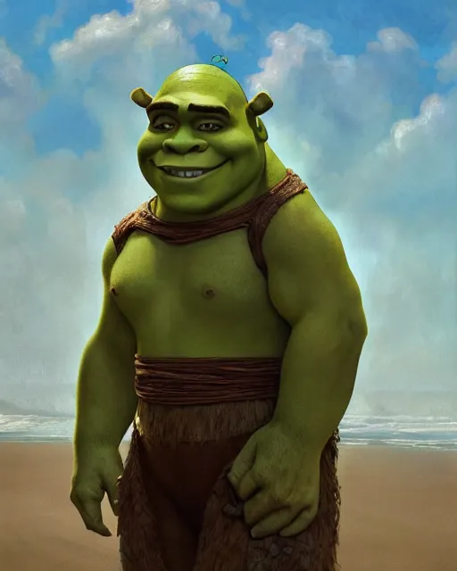 Prompt: beautiful , shrek standing in front of a beach, intricate, stunning, highly detailed, digital painting, artstation, concept art, smooth, sharp, focus, illustration, art by artgerm and greg rutkowski and alphonse mucha