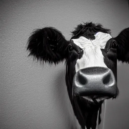 Image similar to ultra - realistic close - up of creepy cow at night, fish - eye - lense, disturbing horror photo, doorbell camera footage